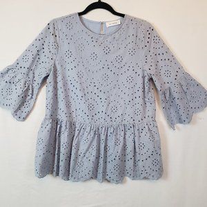 Women’s Top Ces Femme Blue Eyelet Emb Ruffled Size Medium